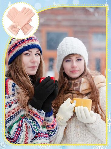 Geyoga 3 Pairs Winter Warm Gloves for Women Floral-cuff Knit Gloves Pink Black White Cozy Winter Wear Winter Warm Gift for Women in Saudi Arabia