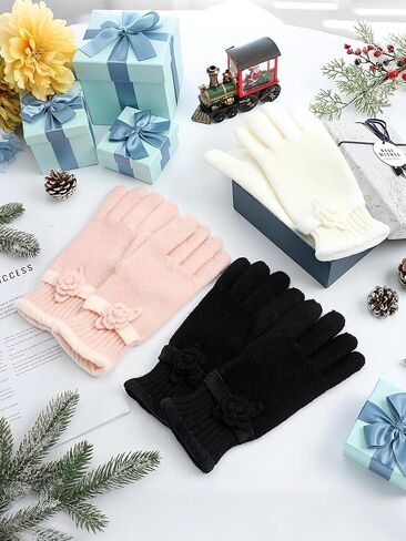 Geyoga 3 Pairs Winter Warm Gloves for Women Floral-cuff Knit Gloves Pink Black White Cozy Winter Wear Winter Warm Gift for Women in Saudi Arabia