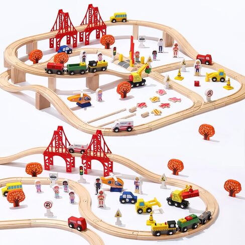 100 PCS مجموعة مسار قطار خشبية ، ألعاب Toys Train Railway مركبات السكك الحديدية لمدة 3-10 سنوات من الأطفال الأولاد والبنات ، تلائم مع Thomas و Brio و Ikea و Melissa و Doug in Kuwait