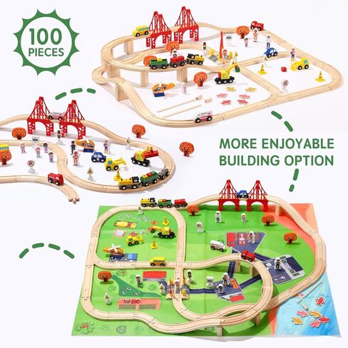 100 PCS مجموعة مسار قطار خشبية ، ألعاب Toys Train Railway مركبات السكك الحديدية لمدة 3-10 سنوات من الأطفال الأولاد والبنات ، تلائم مع Thomas و Brio و Ikea و Melissa و Doug in Kuwait