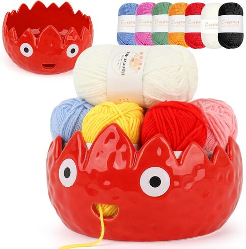 Coopay Flame Yarn Bowl for Crocheting/Knitting, Cute Yarn Storage Bowl with 7PCS Yarn, Large Size Ceramic Yarn Bowl Crochet Knitting Bowl for Beginners, Great Knitting Crochet Gift (7in) in Kuwait