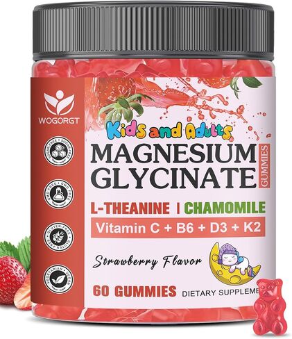 Magnesium Glycinate Gummies for Kids & Adults - Relaxation & Cognition Support - 400/200mg Magnesium Supplement with L-Theanine, Chamomile, B6, D3 & K2 - Vegan, Sugar Free, Strawberry Flavor, 60 Ct in Saudi Arabia