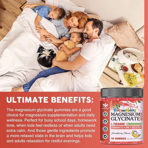 Magnesium Glycinate Gummies for Kids & Adults - Relaxation & Cognition Support - 400/200mg Magnesium Supplement with L-Theanine, Chamomile, B6, D3 & K2 - Vegan, Sugar Free, Strawberry Flavor, 60 Ct in Saudi Arabia