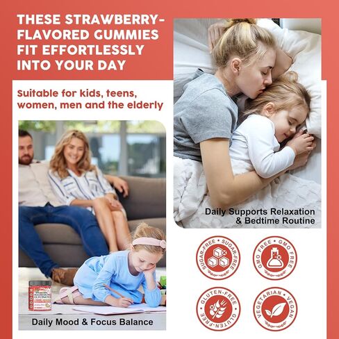 Magnesium Glycinate Gummies for Kids & Adults - Relaxation & Cognition Support - 400/200mg Magnesium Supplement with L-Theanine, Chamomile, B6, D3 & K2 - Vegan, Sugar Free, Strawberry Flavor, 60 Ct in Saudi Arabia