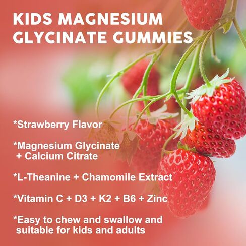 Magnesium Glycinate Gummies for Kids & Adults - Relaxation & Cognition Support - 400/200mg Magnesium Supplement with L-Theanine, Chamomile, B6, D3 & K2 - Vegan, Sugar Free, Strawberry Flavor, 60 Ct in Saudi Arabia