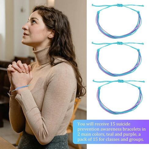 15pcs Suicide Prevention Awareness Bracelets, Cyan and Purple Braided Awareness Bracelets for Men Women in Saudi Arabia