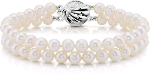 The Pearl Source Sterling Silver AAAA Quality Round White Freshwater Cultured Pearl Double Strand Bracelet for Women in Saudi Arabia