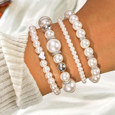 4PCS Pearl Beaded Bracelets Set for Women, Silver Accent Elastic Stretch Bracelet Stackable Layered Faux Pearl Bangles, Dainty Aesthetic Wrist Jewelry Gift for Girls Wedding Party in Saudi Arabia