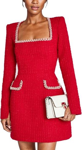 Women's Elegant Tweed Mini Dress Square Neck Long Sleeve Pearl A Line Formal Prom Business Party Short Dresses in Saudi Arabia