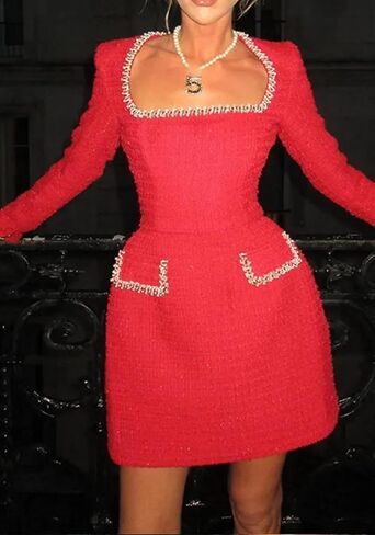 Women's Elegant Tweed Mini Dress Square Neck Long Sleeve Pearl A Line Formal Prom Business Party Short Dresses in Saudi Arabia