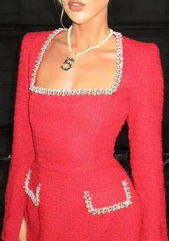 Women's Elegant Tweed Mini Dress Square Neck Long Sleeve Pearl A Line Formal Prom Business Party Short Dresses in Saudi Arabia