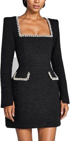 Women's Elegant Tweed Mini Dress Square Neck Long Sleeve Pearl A Line Formal Prom Business Party Short Dresses in Saudi Arabia