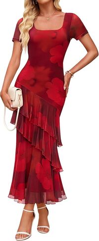 ZESICA Women's Summer Floral Bodycon Maxi Dress 2026 Square Neck Mesh Ruffle Elegant Cocktail Wedding Party Long Dresses in Saudi Arabia