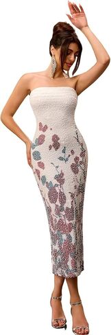 LVNES Beaded Maxi Tube Bodycon Formal Dresses for Women with Slit Strapless Ruched Wedding Guest Cocktail Dress in Saudi Arabia