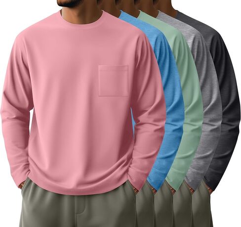 Neer 5 Pack Men's Big and Tall Long Sleeve Pocket T-Shirt Lightweight Crew Neck Shirts Slim Fit Top Casual Basic Tees in Saudi Arabia