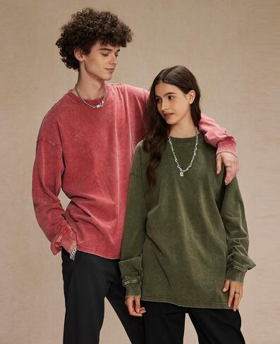 Men's Oversized Vintage Long Sleeve T-Shirts Acid Wash Soft Comfort Fit Crewneck Sweatshirt in Saudi Arabia