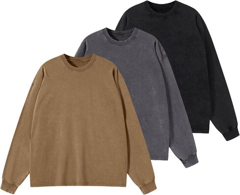 Men's Oversized Vintage Long Sleeve T-Shirts Acid Wash Soft Comfort Fit Crewneck Sweatshirt in Saudi Arabia