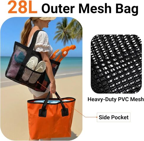 2 in 1 Large Beach Bag Tote Waterproof Sandproof with Mesh Pocket for Women Men Beach Swim Pool Separable 35L&28L in Saudi Arabia