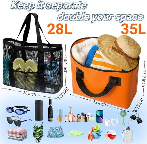 2 in 1 Large Beach Bag Tote Waterproof Sandproof with Mesh Pocket for Women Men Beach Swim Pool Separable 35L&28L in Saudi Arabia