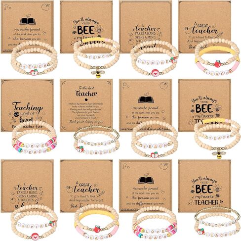 12 Set Teacher Appreciation Bracelets Gift Set for Women Men 24 Pcs Wooden Beaded Elastic Bracelets with 12 Pcs Cards Thank You Gifts for Teacher Christmas Birthday Retirement Present in Saudi Arabia