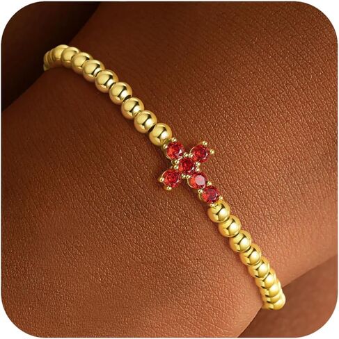 TURANDOSS Valentines Day Gifts for Kids Teen Girls – 14K Gold Plated Cross Charm 12 Months Created Birthstone Beaded Bracelet Elastic Jewelry Valentines Gifts for Wife Girlfriend Women in Saudi Arabia