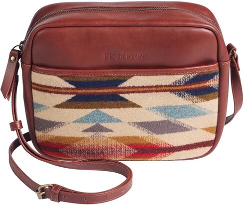 Pendleton Wyeth Trail Leather Crossbody Bag, Brown with Southwestern Wool Pattern, Adjustable Strap, 8.5 x 6.5 x 2.75 Inches in Saudi Arabia