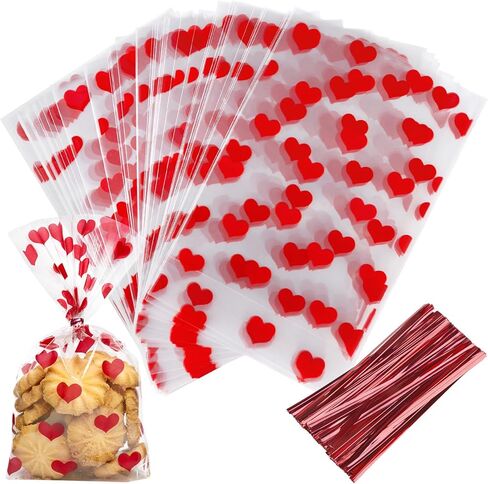JOERSH 100 Pack Pink Cellophane Treat Bags 8.1" x 5" Bottom Gusset Pink Plastic Candy Bags with Twist Ties for Valentine, Birthday, Gift Goodie Cookie Snack Party Favor Supplies in Saudi Arabia
