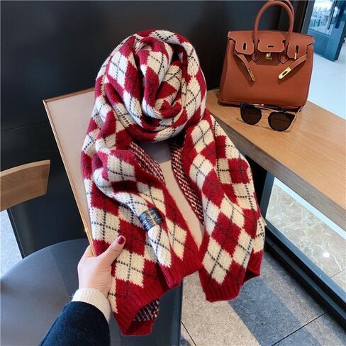 Women's Winter Warm Scarf Diamond Grid Classic Scarf Thickened Warm Knitted Shawl, Red in Saudi Arabia