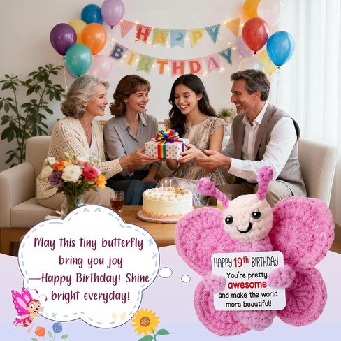 Pink Crochet Butterfly 19th Birthday Gift, Handmade 4" Amigurumi Plush with “Happy 19th Birthday" Sign, Cute Small Stuffed Butterfly for Teen Girl College Desk Decor in Saudi Arabia