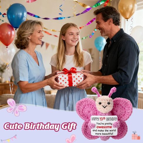 Pink Crochet Butterfly 19th Birthday Gift, Handmade 4" Amigurumi Plush with “Happy 19th Birthday" Sign, Cute Small Stuffed Butterfly for Teen Girl College Desk Decor in Saudi Arabia