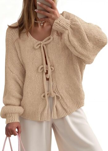UNCLECAT Womens Bow Tie Front Cardigan Sweaters Oversized Fall Open Front Cardigans Cute Loose Knit Tops in Kuwait