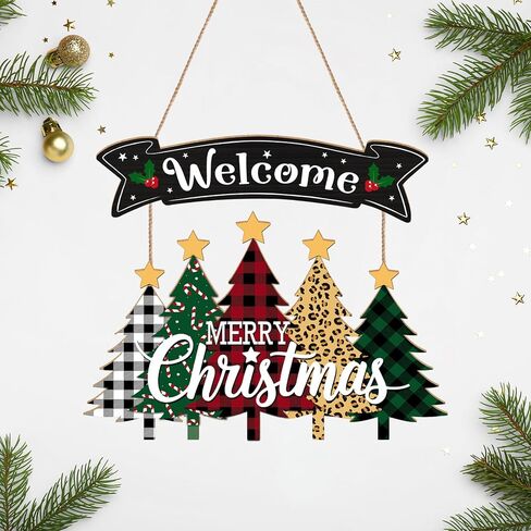 Merry Christmas Wreath Hanging Sign For Front Door, Wooden Welcome Sign With Christmas Tree For Festive Office Rustic Farmhouse Wall Window Decoration (Tree) in Saudi Arabia