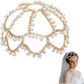 GORGECRAFT White Pearl Cap Headpiece 1920s Flapper Head Chain Beads Tassel Mesh Forehead Chain Bridal Hair Jewelry Accessories for Women Wedding Festival Party Belly Dance Cosplay Costume Headband in Kuwait