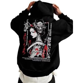 Mens Fleece Japanese Graphic Hoodies, Fashion Pullover Sweatshirt with Hood, Casual Long Sleeve Fall Winter Streetwear in Saudi Arabia