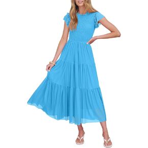 Caracilia Womens Summer Casual Tulle Midi Dresses Ruffle Sleeve Crew Neck Smocked Mesh 2026 Flowy Tiered Wedding Guest Dress in Saudi Arabia