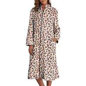 Ekouaer Women's Zip Up Robe Fleece Bathrobe Long Zipper Lounger Warm Housecoat Long Sleeve Nightgown with Pockets, Red Stars, Large in Kuwait