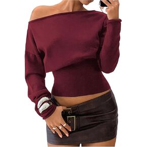 GORGLITTER Women's Off The Shoulder Cropped Sweater Cozy Long Sleeve Fall Winter Cinched Waist Knit Going Out Pullover Top in Kuwait