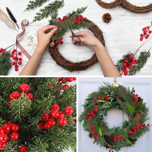 فروع صنوبر عيد الميلاد الاصطناعية مع سيقان التوت الأحمر - مجموعة من 45 سيقان خضراء و15 قطعة من التوت لأكاليل عيد الميلاد، والأكاليل، وقطع الطاولة المركزية، وحرف العطلات اليدوية، والمدفأة وديكور المنزل in Saudi Arabia