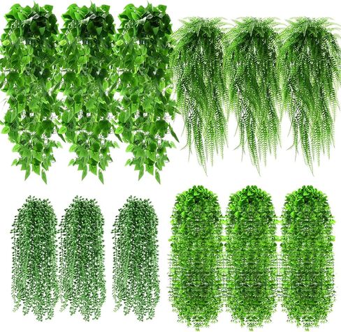 12 Pcs Artificial Hanging Plants Fake Hanging Ferns Plastic Faux Plants for Wall Room Garden Garland Indoor Outdoor Decor No Basket (Boston,Eucalyptus,Ivy Vine,String of Pearls) in Saudi Arabia