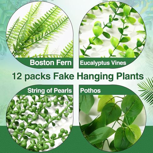 12 Pcs Artificial Hanging Plants Fake Hanging Ferns Plastic Faux Plants for Wall Room Garden Garland Indoor Outdoor Decor No Basket (Boston,Eucalyptus,Ivy Vine,String of Pearls) in Saudi Arabia