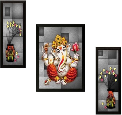 NOBILITY Ganesha Framed Painting Set of 3 Ganesh Wall Art Decor Statue Idol Decoration for Home Living Room Office Wedding Return Gift Items friends family in Saudi Arabia