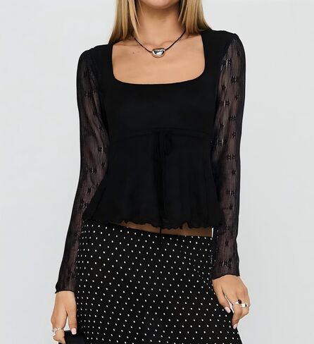 Women Lace Long Sleeve Cute Square Neck Babydoll Top Flowy Ruffle Going Out Shirt in Saudi Arabia