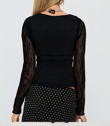 Women Lace Long Sleeve Cute Square Neck Babydoll Top Flowy Ruffle Going Out Shirt in Saudi Arabia
