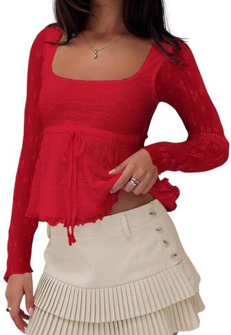 Women Lace Long Sleeve Cute Square Neck Babydoll Top Flowy Ruffle Going Out Shirt in Saudi Arabia