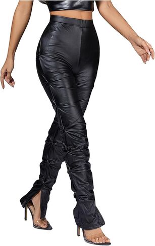 WDIRARA Women's Pu Leather Split Side High Waist Skinny Trousers Twist Side Long Pants in Kuwait