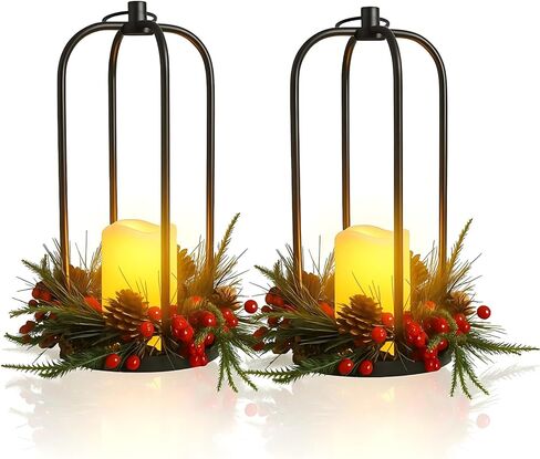 Bdor Christmas Lantern Decor Set of 2 – 14" Tall Hanging Metal Candle Holder with Pine Cones, Berries and LED Flameless Candle – Holiday Table Centerpiece for Indoor Home Decoration in Saudi Arabia