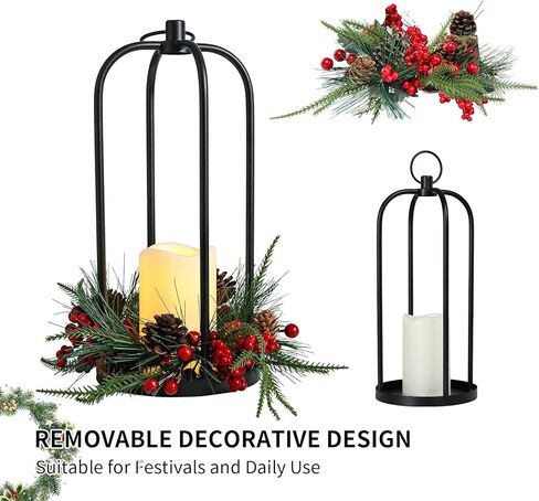 Bdor Christmas Lantern Decor Set of 2 – 14" Tall Hanging Metal Candle Holder with Pine Cones, Berries and LED Flameless Candle – Holiday Table Centerpiece for Indoor Home Decoration in Saudi Arabia