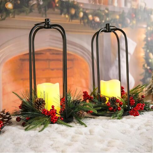 Bdor Christmas Lantern Decor Set of 2 – 14" Tall Hanging Metal Candle Holder with Pine Cones, Berries and LED Flameless Candle – Holiday Table Centerpiece for Indoor Home Decoration in Saudi Arabia