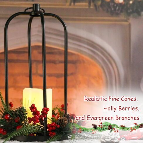 Bdor Christmas Lantern Decor Set of 2 – 14" Tall Hanging Metal Candle Holder with Pine Cones, Berries and LED Flameless Candle – Holiday Table Centerpiece for Indoor Home Decoration in Saudi Arabia
