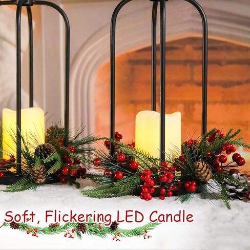 Bdor Christmas Lantern Decor Set of 2 – 14" Tall Hanging Metal Candle Holder with Pine Cones, Berries and LED Flameless Candle – Holiday Table Centerpiece for Indoor Home Decoration in Saudi Arabia